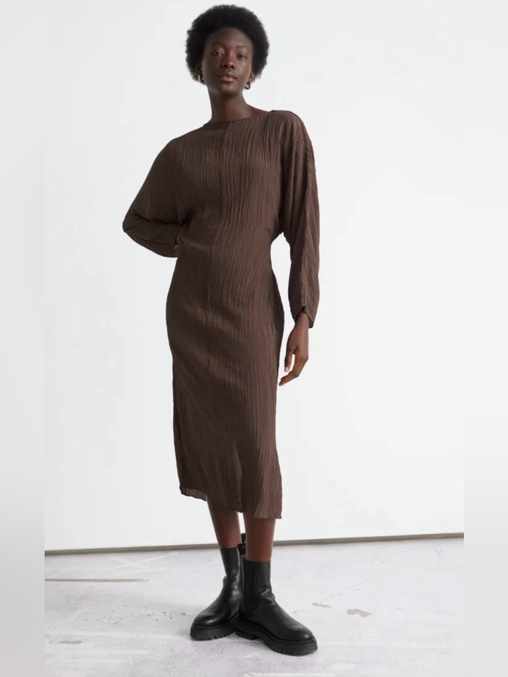 & Other Stories Brown Crinkle Midi Dress